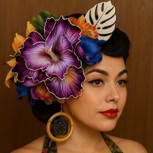 Handmade Tropical Hair Flower Fascinator‎ Tiki Pinup Burlesque Colorful Flowers